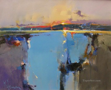 湖 II の抽象的な海の風景に沈む夕日 Oil Paintings